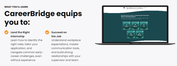 Screenshot showing the CareerBridge platform and key learning outcomes: Land the Right Internship and Succeed on the Job