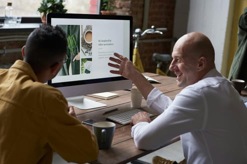 Two colleagues discussing a visual presentation on a computer screen in a modern office setting, illustrating mentorship and collaborative project review